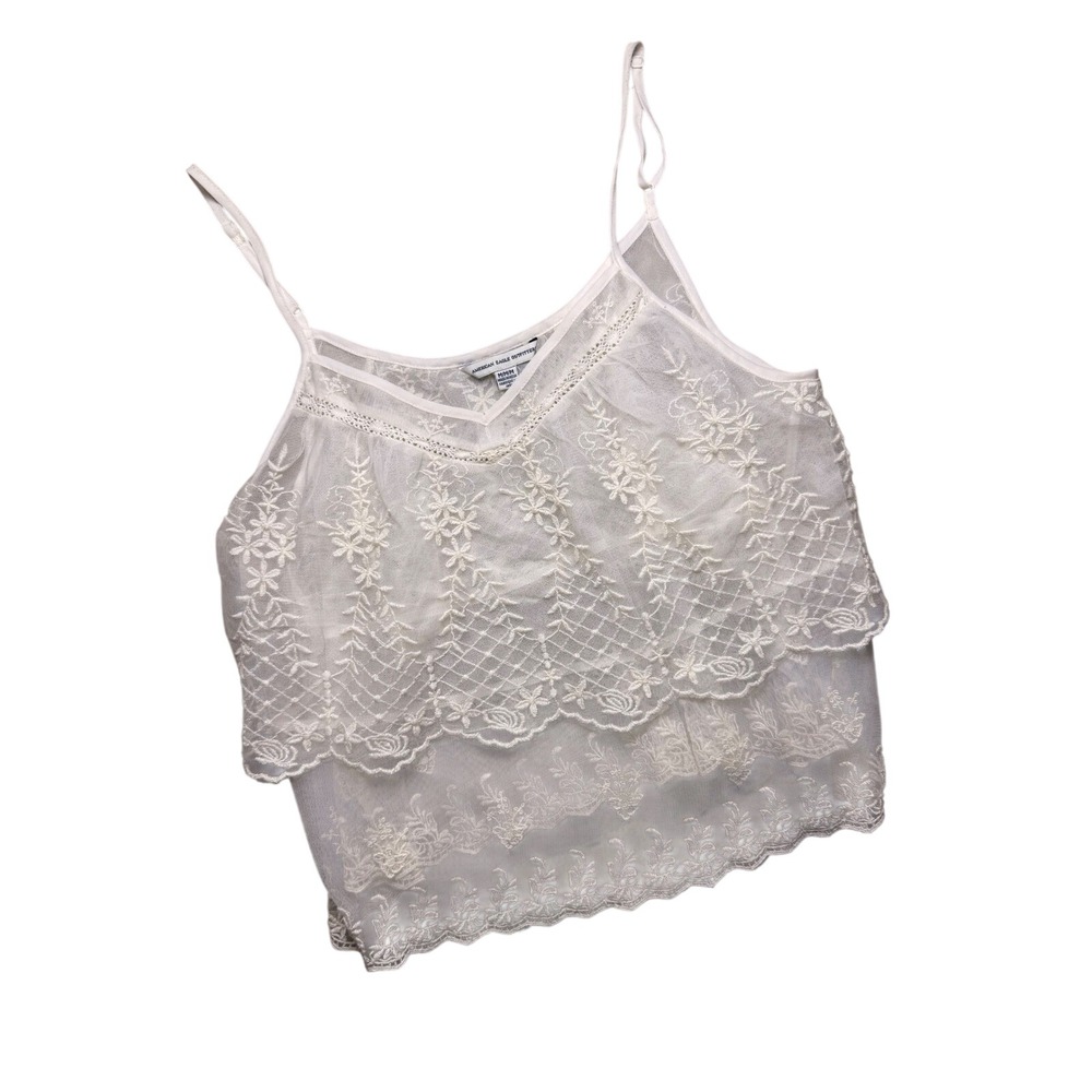 Lace Embroidered Cami Women M White Boho Tiered Mesh Cottagecore coquette prarie